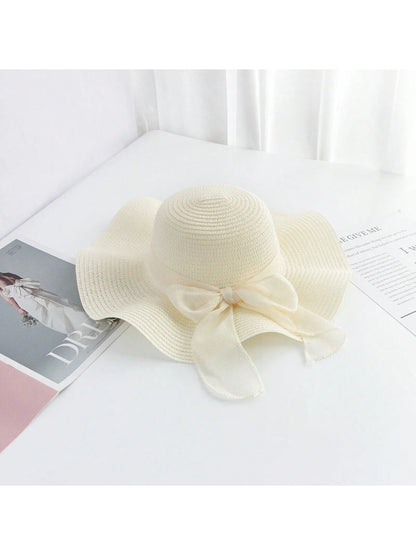 Sombrero de sol de paja con lazo para mujer con ala ancha, gorra de playa moños