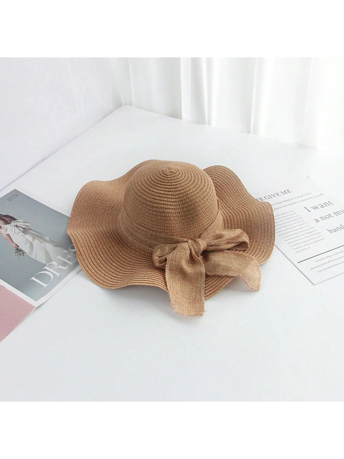 Sombrero de sol de paja con lazo para mujer con ala ancha, gorra de playa moños