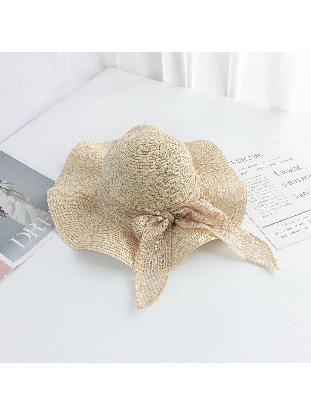 Sombrero de sol de paja con lazo para mujer con ala ancha, gorra de playa moños
