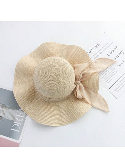 Sombrero de sol de paja con lazo para mujer con ala ancha, gorra de playa moños