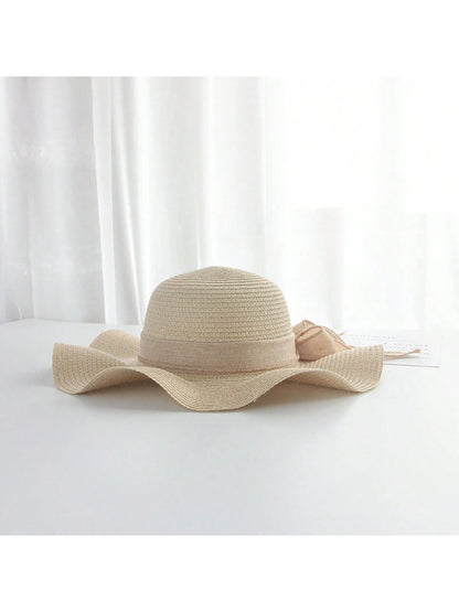 Sombrero de sol de paja con lazo para mujer con ala ancha, gorra de playa moños