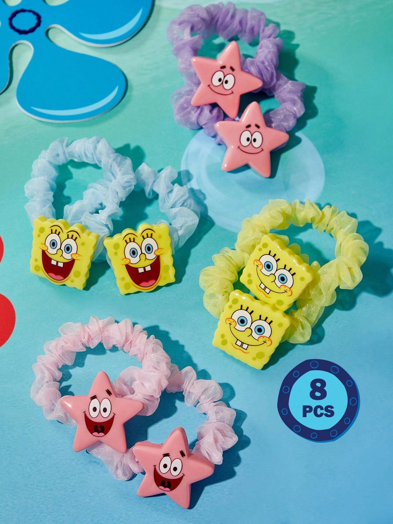 SpongeBob SquarePants | SHEIN Set de 8 Scrunchies de organza con patrones de dibujos animados lindos y de moda