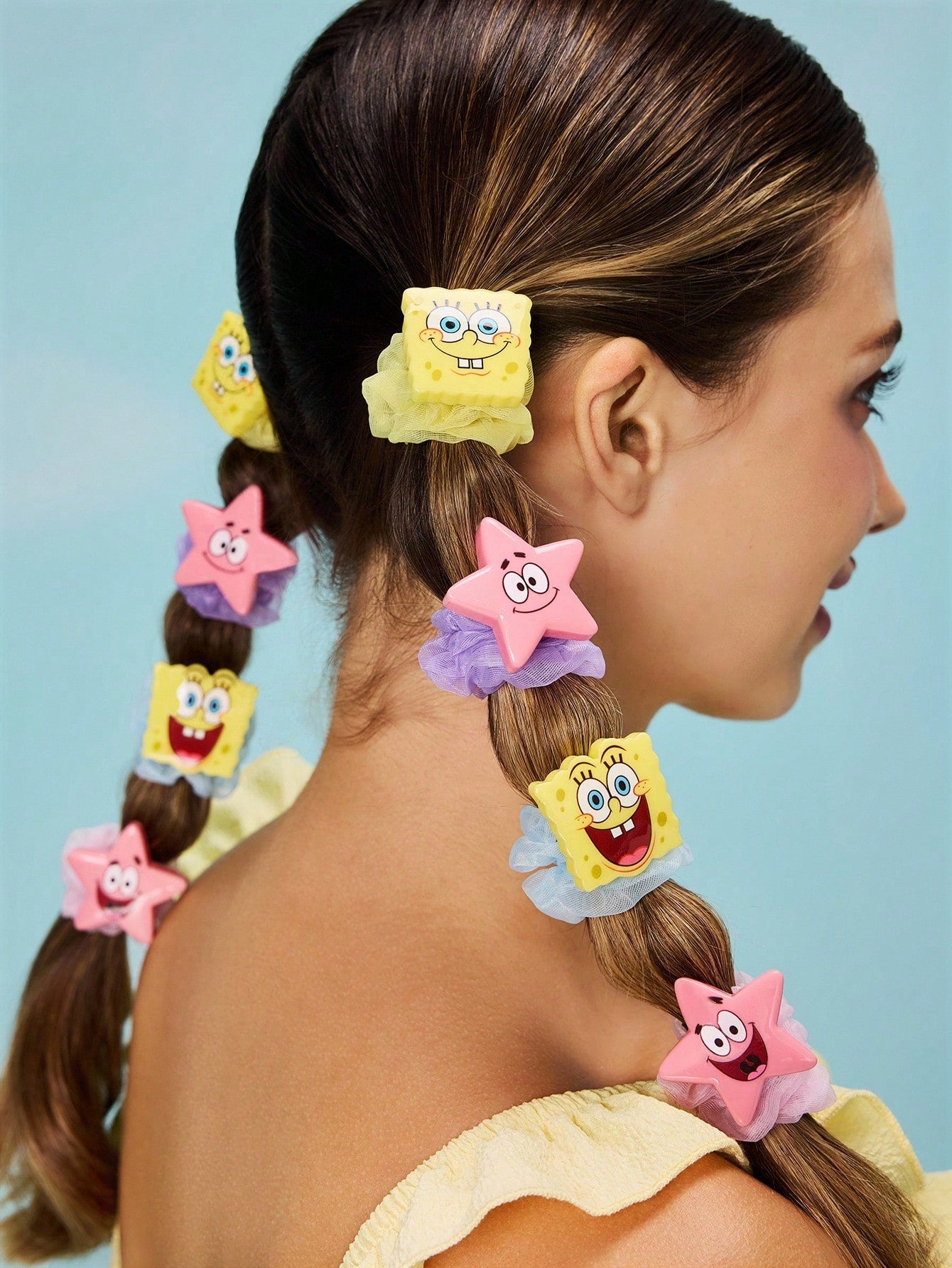 SpongeBob SquarePants | SHEIN Set de 8 Scrunchies de organza con patrones de dibujos animados lindos y de moda