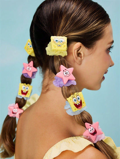 SpongeBob SquarePants | SHEIN Set de 8 Scrunchies de organza con patrones de dibujos animados lindos y de moda