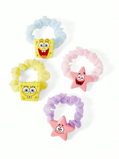 SpongeBob SquarePants | SHEIN Set de 8 Scrunchies de organza con patrones de dibujos animados lindos y de moda