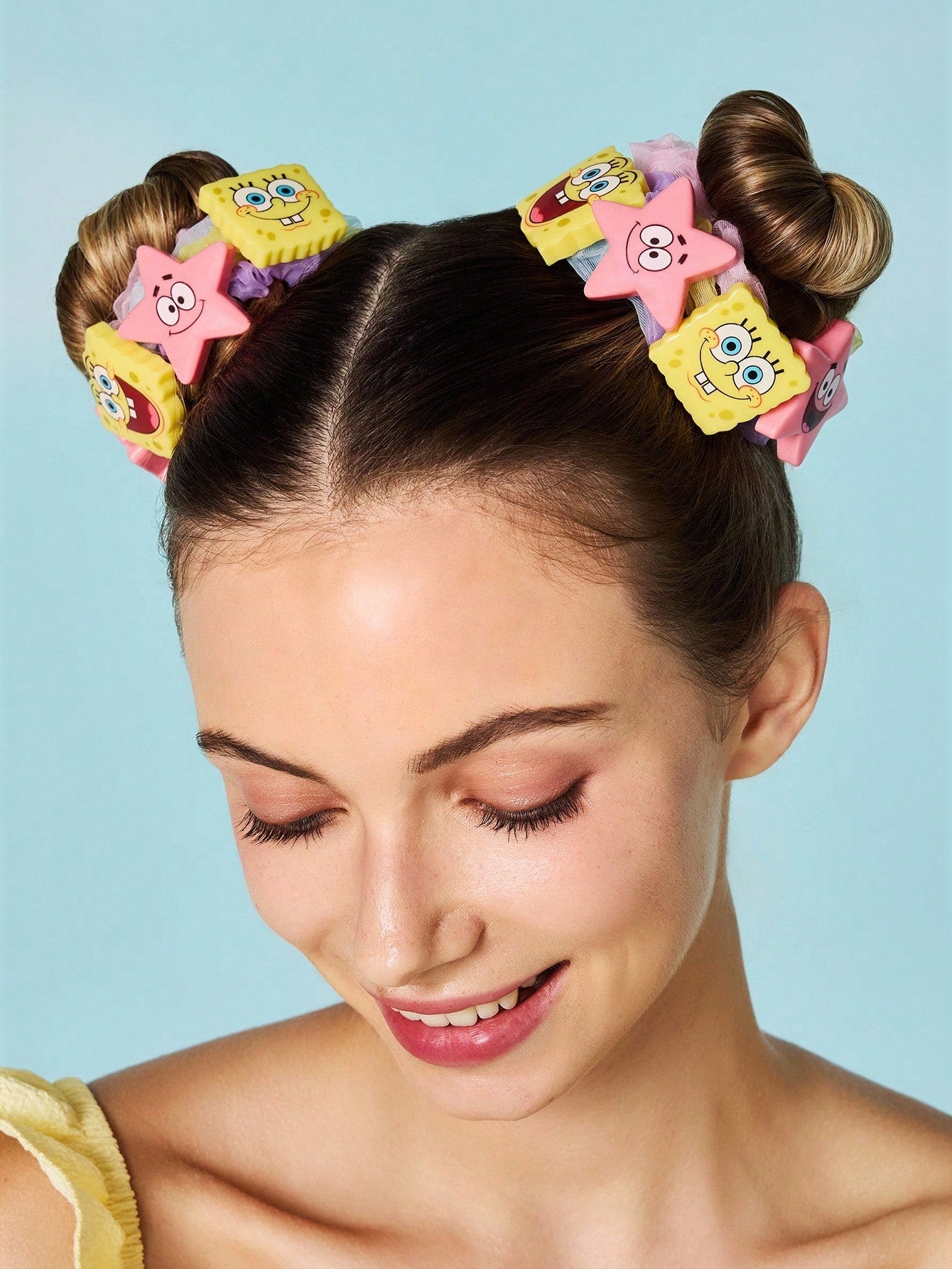 SpongeBob SquarePants | SHEIN Set de 8 Scrunchies de organza con patrones de dibujos animados lindos y de moda