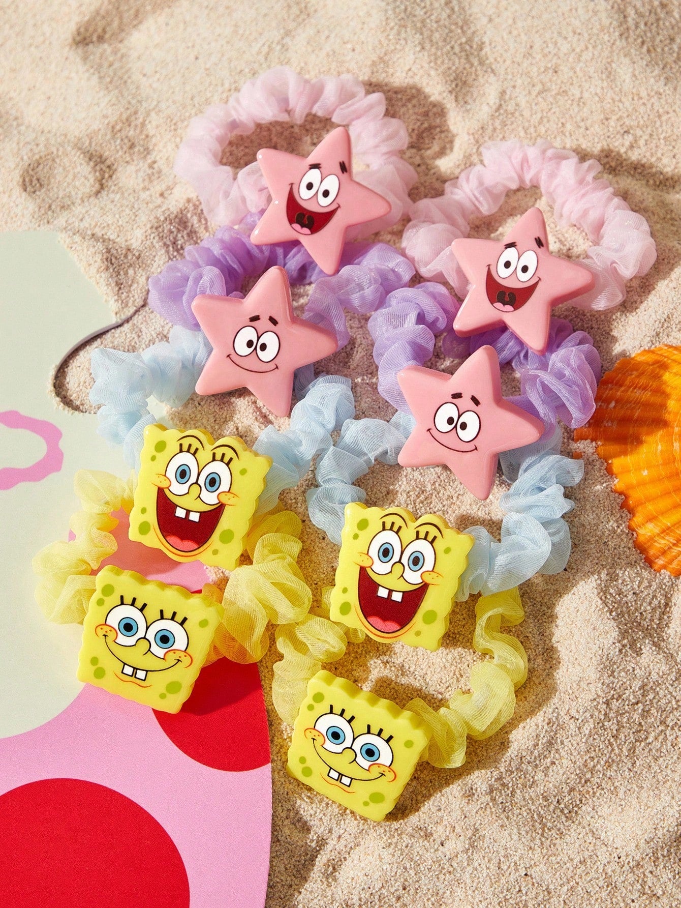 SpongeBob SquarePants | SHEIN Set de 8 Scrunchies de organza con patrones de dibujos animados lindos y de moda