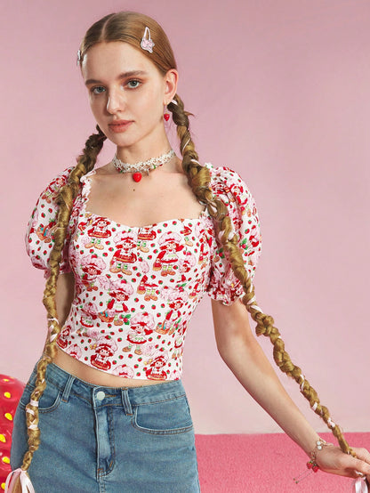 Strawberry Shortcake X SHEIN Blusa de manga corta con cuello de corazón y gráfico de dibujos animados, para verano