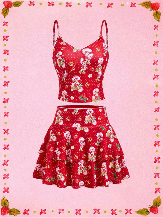 Strawberry Shortcake X SHEIN Set de 2 piezas para mujer de top de tirantes con estampado de dibujos animados y falda con bajo con volantes para verano