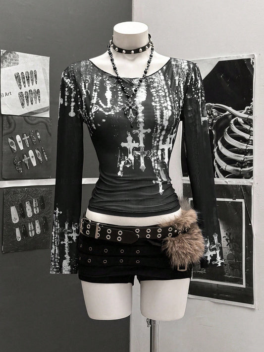 StreetHx Collar de perlas de malla negra para mujer, camiseta de manga larga casual con estilo punk rock y hombros descubiertos/oblicuos del estilo Y2K de los años 2000