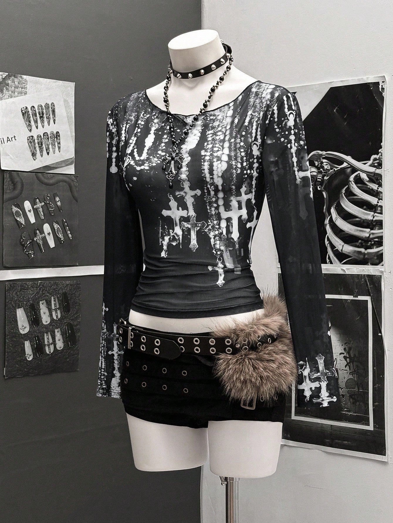 StreetHx Collar de perlas de malla negra para mujer, camiseta de manga larga casual con estilo punk rock y hombros descubiertos/oblicuos del estilo Y2K de los años 2000