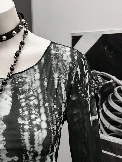 StreetHx Collar de perlas de malla negra para mujer, camiseta de manga larga casual con estilo punk rock y hombros descubiertos/oblicuos del estilo Y2K de los años 2000