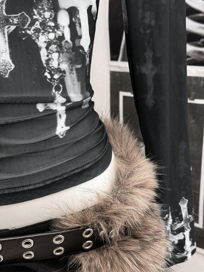 StreetHx Collar de perlas de malla negra para mujer, camiseta de manga larga casual con estilo punk rock y hombros descubiertos/oblicuos del estilo Y2K de los años 2000