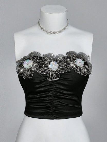 Sweetina 1 pieza Top bandeau plisada con decoración floral de gemas metálicas 3D