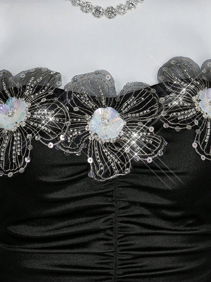 Sweetina 1 pieza Top bandeau plisada con decoración floral de gemas metálicas 3D