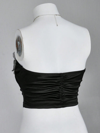 Sweetina 1 pieza Top bandeau plisada con decoración floral de gemas metálicas 3D