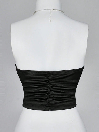 Sweetina 1 pieza Top bandeau plisada con decoración floral de gemas metálicas 3D