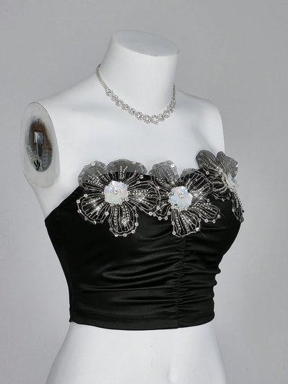 Sweetina 1 pieza Top bandeau plisada con decoración floral de gemas metálicas 3D
