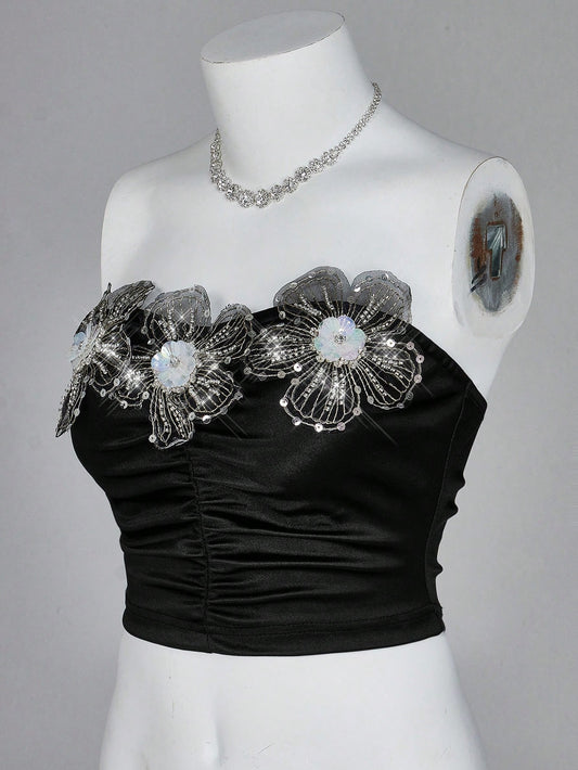Sweetina 1 pieza Top bandeau plisada con decoración floral de gemas metálicas 3D