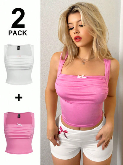Sweetina 2 piezas Top de 2 piezas de estilo pastel rosa y blanco con detalles de moño en la parte delantera, drapeado y diseño de mariposa para salir