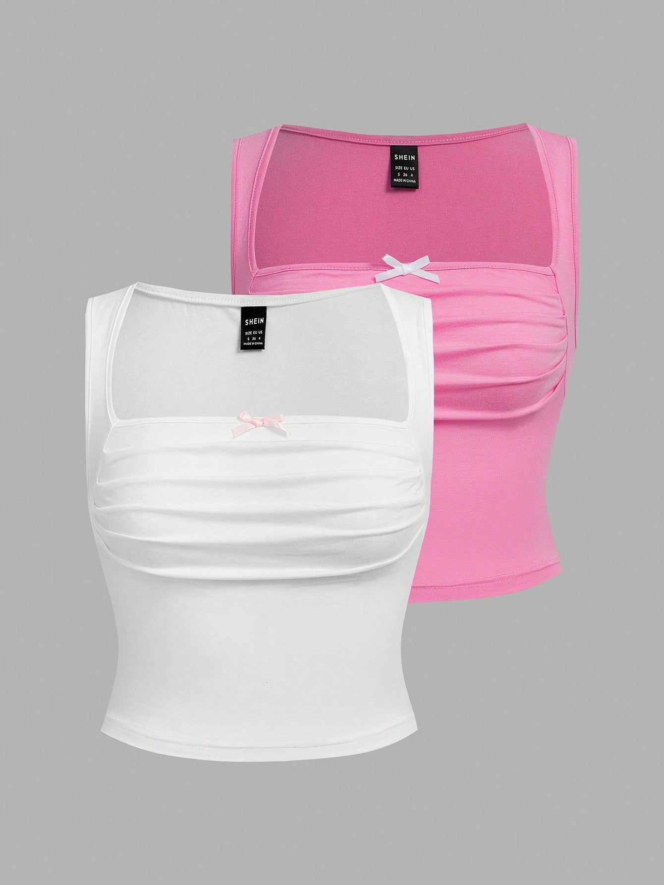 Sweetina 2 piezas Top de 2 piezas de estilo pastel rosa y blanco con detalles de moño en la parte delantera, drapeado y diseño de mariposa para salir