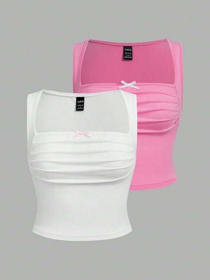 Sweetina 2 piezas Top de 2 piezas de estilo pastel rosa y blanco con detalles de moño en la parte delantera, drapeado y diseño de mariposa para salir