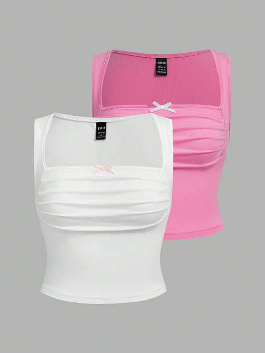 Sweetina 2 piezas Top de 2 piezas de estilo pastel rosa y blanco con detalles de moño en la parte delantera, drapeado y diseño de mariposa para salir