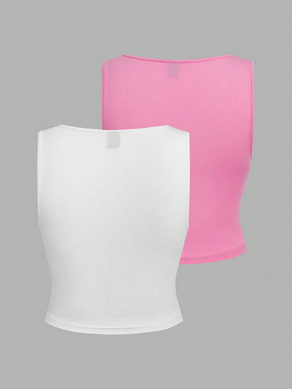 Sweetina 2 piezas Top de 2 piezas de estilo pastel rosa y blanco con detalles de moño en la parte delantera, drapeado y diseño de mariposa para salir