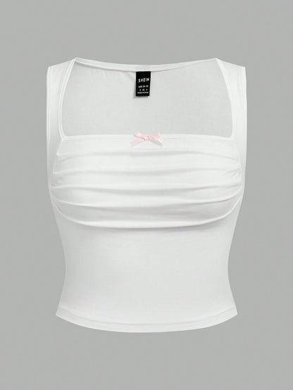 Sweetina 2 piezas Top de 2 piezas de estilo pastel rosa y blanco con detalles de moño en la parte delantera, drapeado y diseño de mariposa para salir