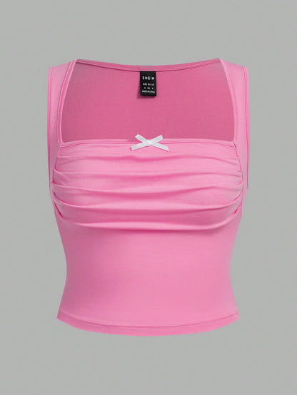 Sweetina 2 piezas Top de 2 piezas de estilo pastel rosa y blanco con detalles de moño en la parte delantera, drapeado y diseño de mariposa para salir