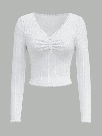 Sweetina Camiseta casual de mujer de manga larga con media cremallera y acanalada, de unicolor, para otoño