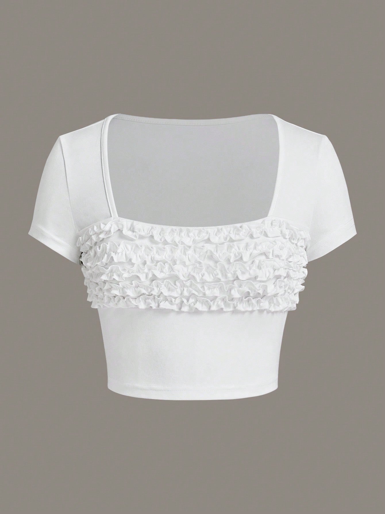 Sweetina Camiseta de manga corta ajustada blanca con detalle de fruncido alrededor del cuello, atuendos de verano casuales con estilo Y2K