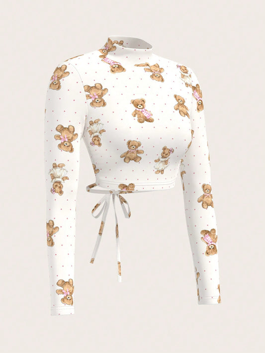 Sweetina Camiseta de mujer con manga larga, estampado de oso de lunares y escote en la espalda con estampado de oso lindo Y2K, otoño