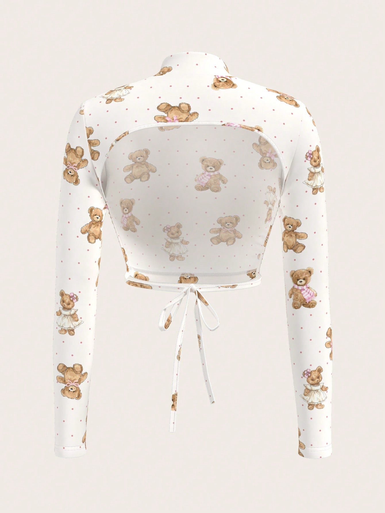 Sweetina Camiseta de mujer con manga larga, estampado de oso de lunares y escote en la espalda con estampado de oso lindo Y2K, otoño