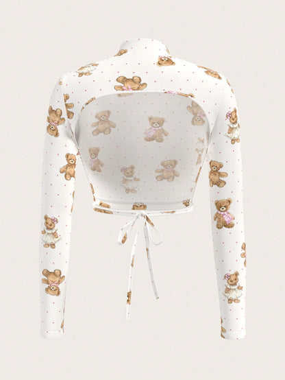 Sweetina Camiseta de mujer con manga larga, estampado de oso de lunares y escote en la espalda con estampado de oso lindo Y2K, otoño