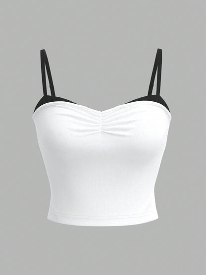 Sweetina Camisola de verano para mujer con pliegues y parches entrelazados de ajuste delgado
