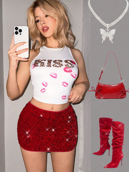 Sweetina Conjunto de ropa de Día de San Valentín para salir, atuendos de verano con camiseta de tirantes blanca estampada, moda minimalista casual de uso diario