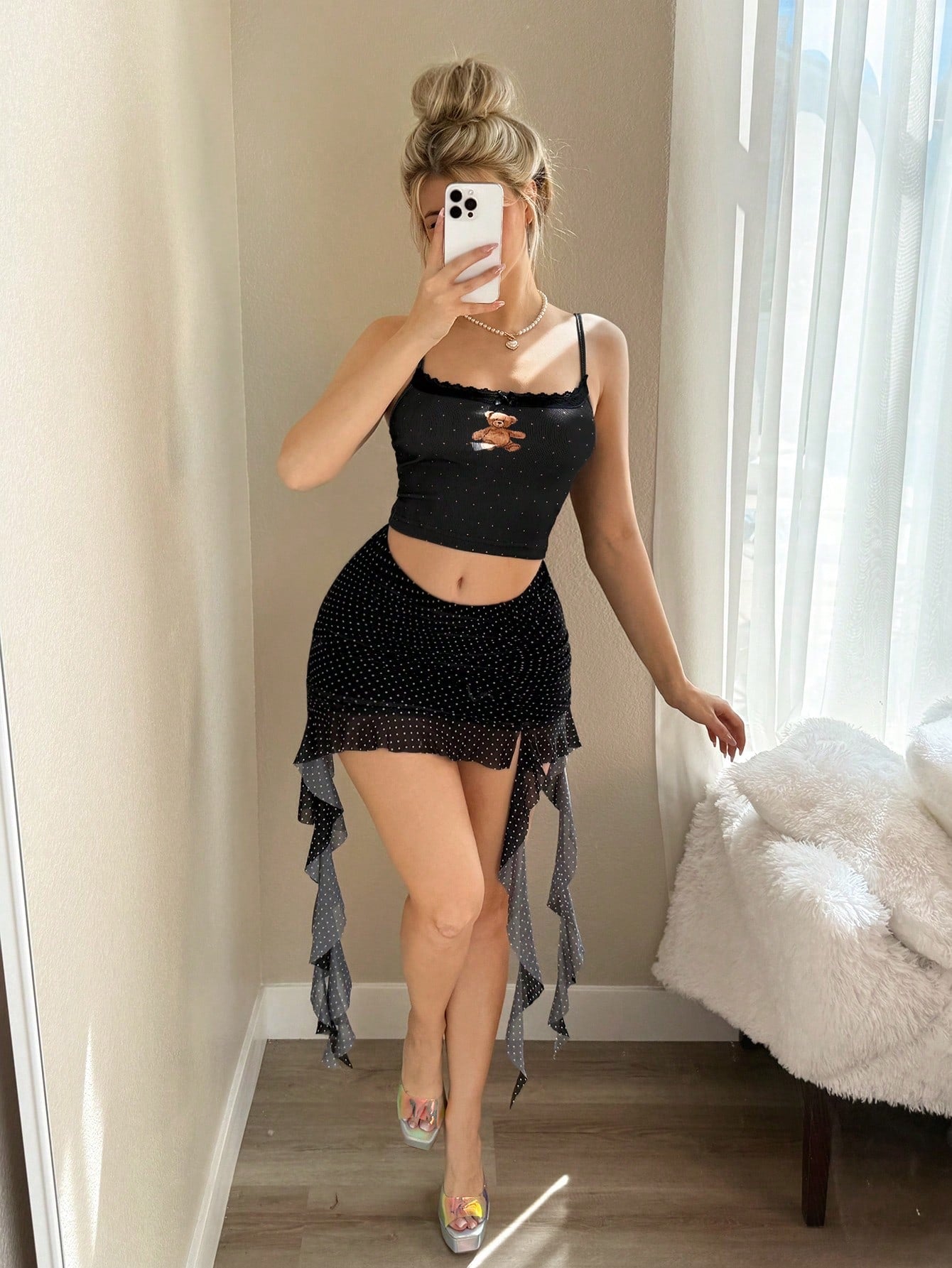 Sweetina Minifalda de mujer con estampado de lunares, drapeado asimétrico y superposición de malla