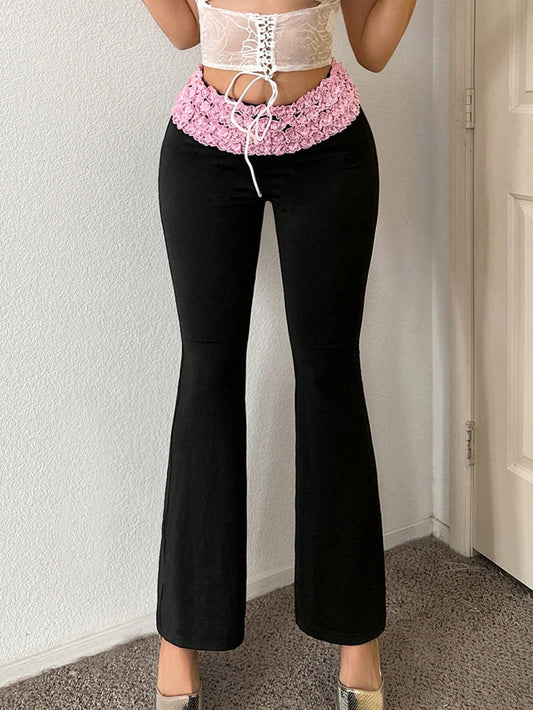 Sweetina Pantalones De Cintura Baja Y Bota Acampanada Y Cuerpo Ajustado De Bloques De Color Y Encaje