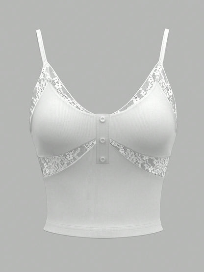 Sweetina Top de canesú con encaje en estilo primaveral, blanco, de corte ceñido