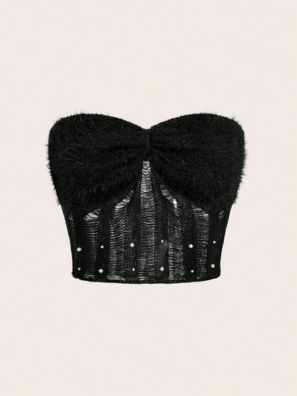 Sweetina Top de punto ribete lanudo crop tubo