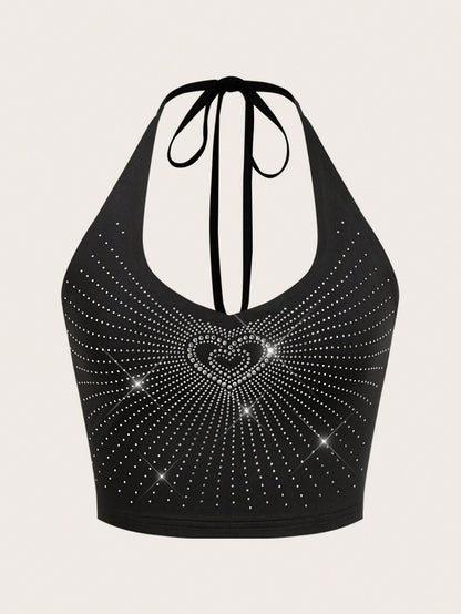 Sweetina Top de tirantes apretado con adornos de diamantes de imitación con forma de corazón para mujeres