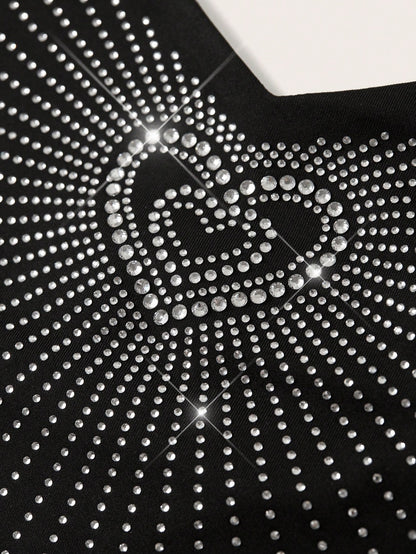 Sweetina Top de tirantes apretado con adornos de diamantes de imitación con forma de corazón para mujeres