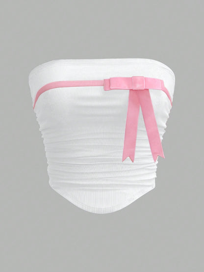 Sweetina Top sin tirantes ajustado con decoración de lazo de colores contrastantes para vacaciones, playa y piscina
