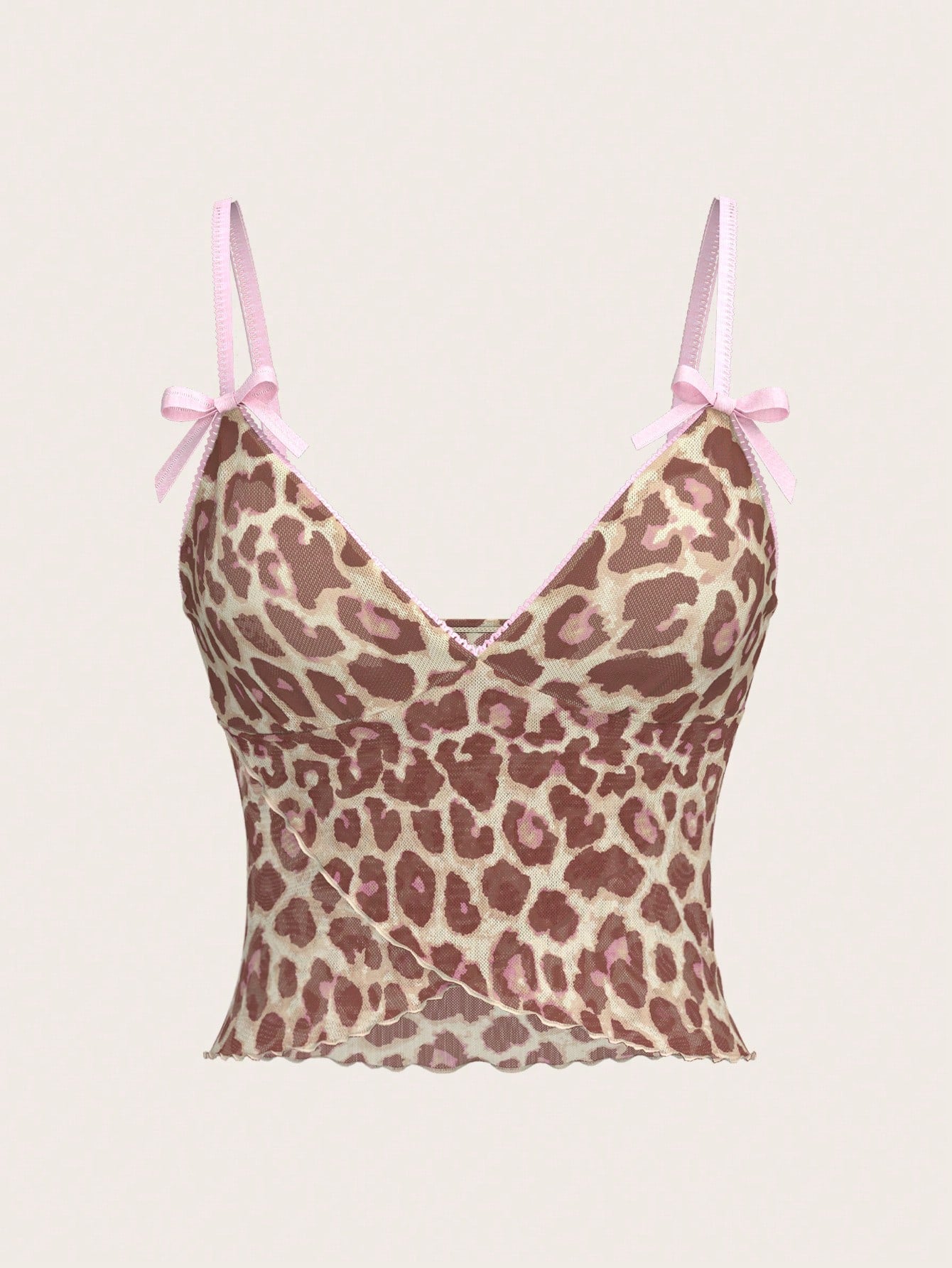 Sweetina Top tipo camiseta de mujer con estilo sexy Y2k, con estampado de leopardo, lazo decorativo y borde de lechuga cruzado