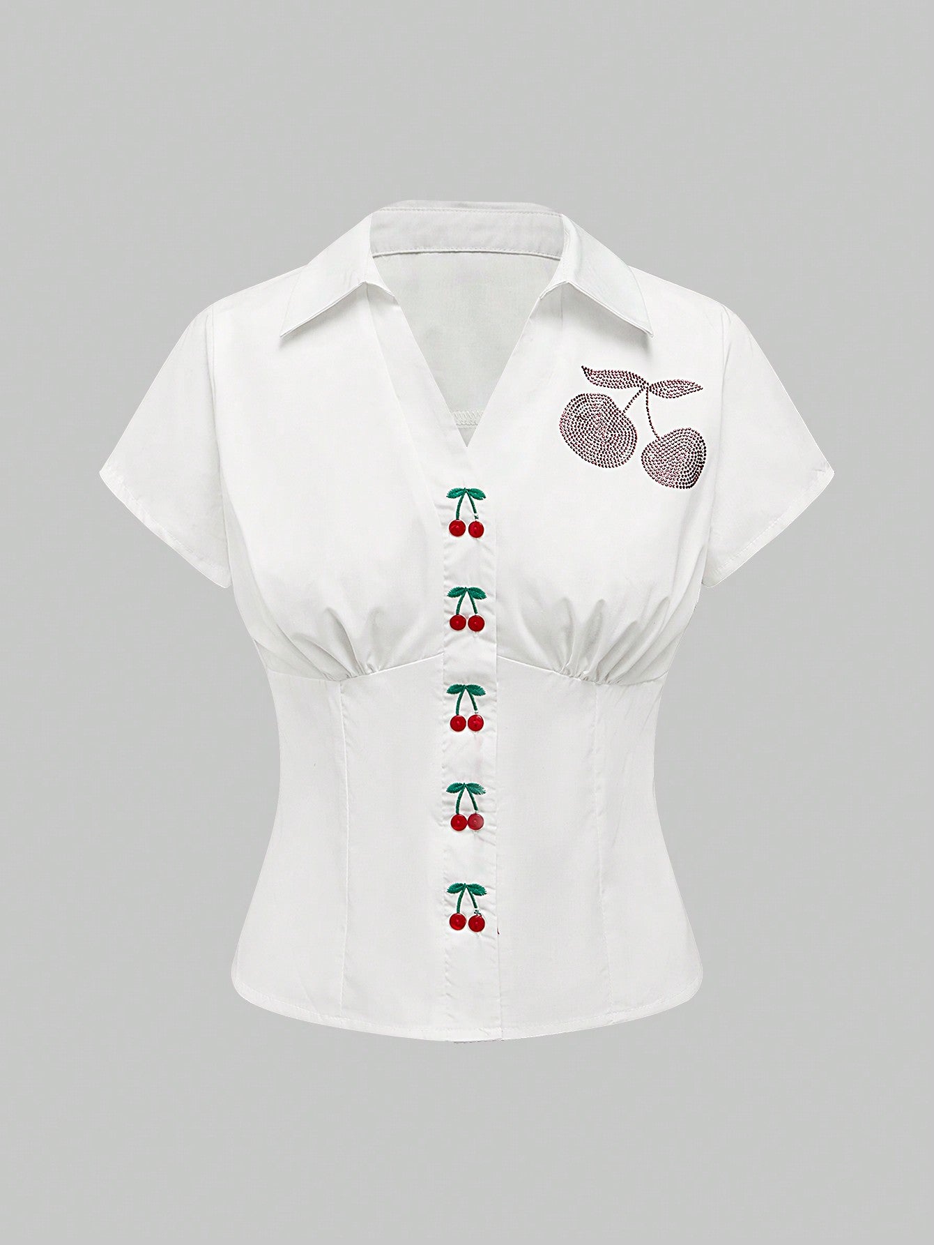 Sweetness Camisa de mujer con botones de cereza decorada con rhinestones