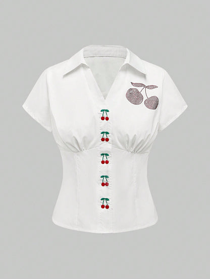 Sweetness Camisa de mujer con botones de cereza decorada con rhinestones
