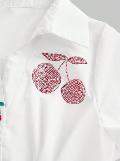 Sweetness Camisa de mujer con botones de cereza decorada con rhinestones