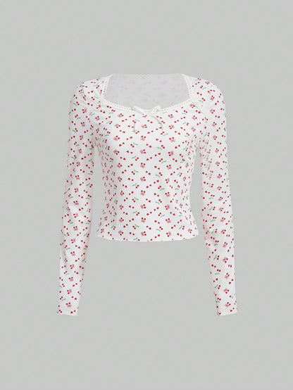 Sweetness Camiseta con estampado de cerezas y encaje en contraste