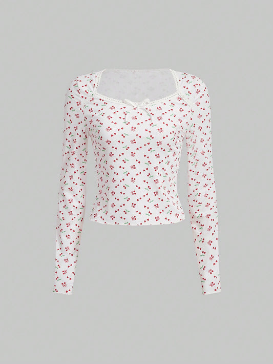 Sweetness Camiseta con estampado de cerezas y encaje en contraste